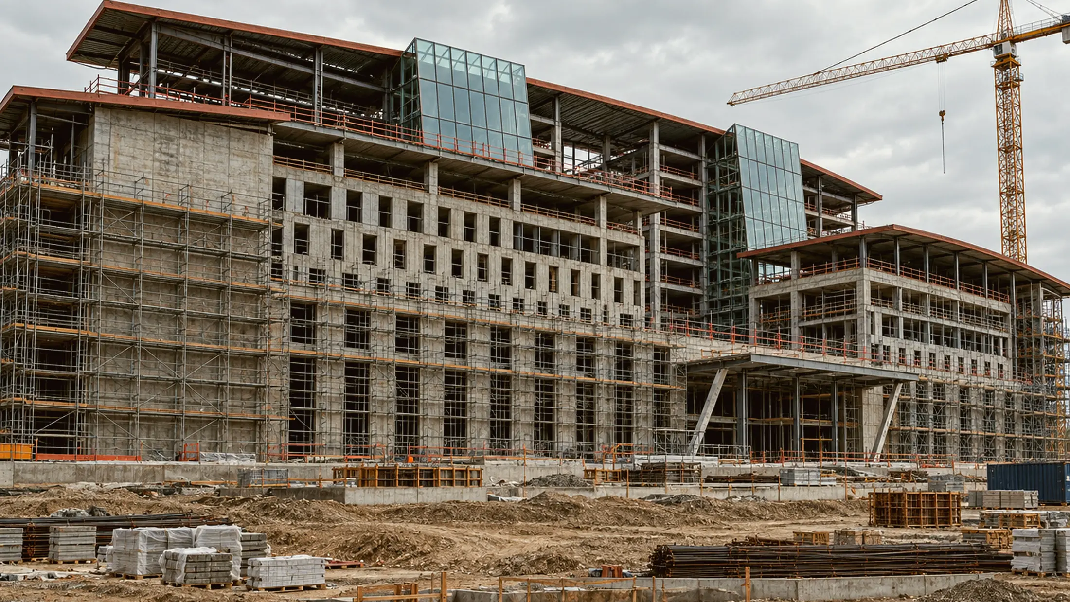 The Sivakasi medical college under construction, concrete frame and scaffolding in place.