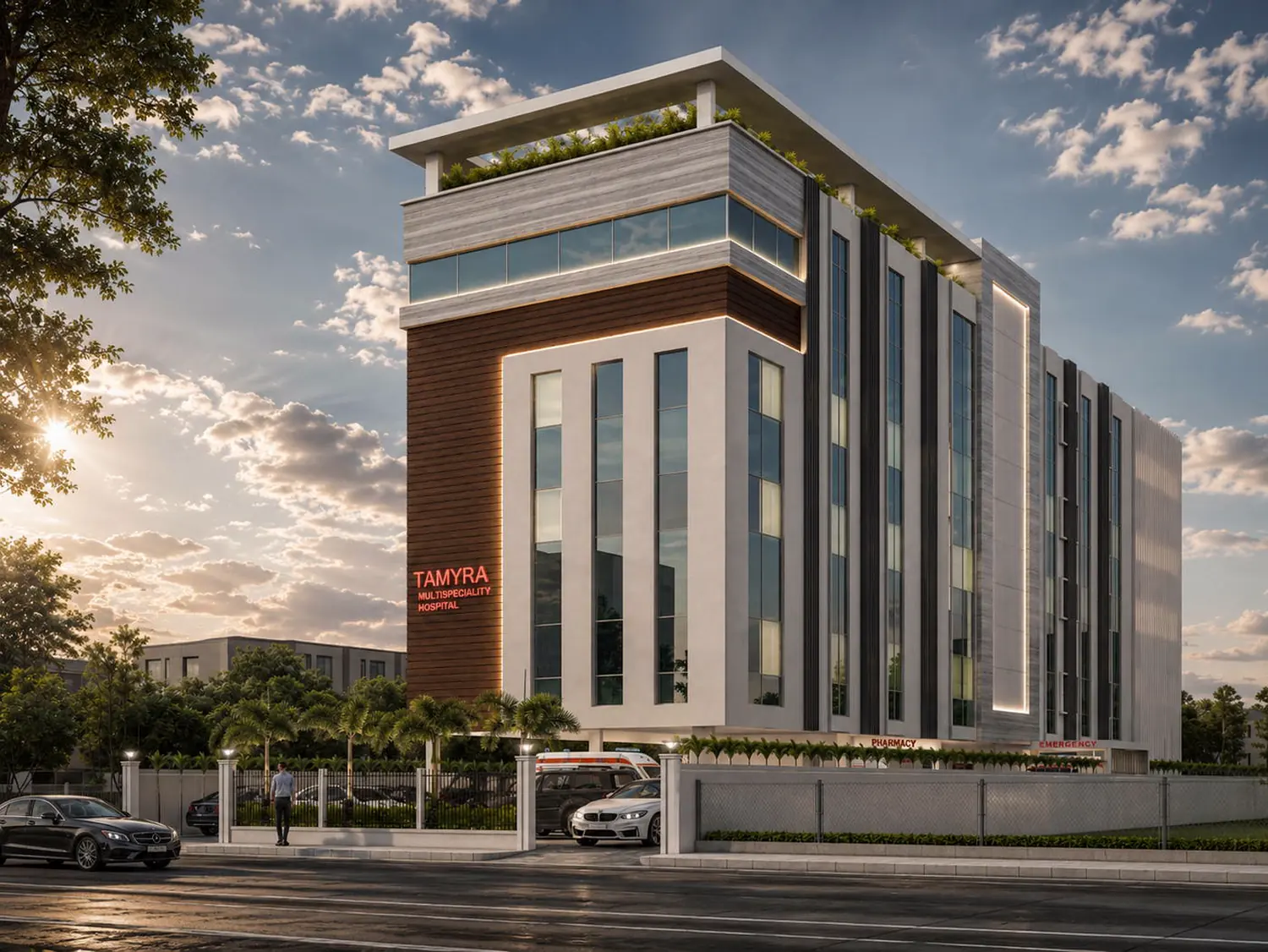 Tamyra Hospital, corner elevation at dusk.